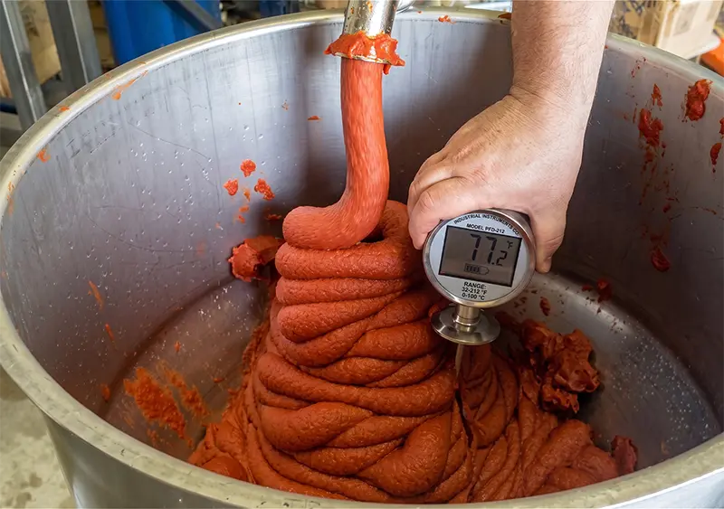 A worker taking the temperature of red sauce coming from an Axiflow screw pump