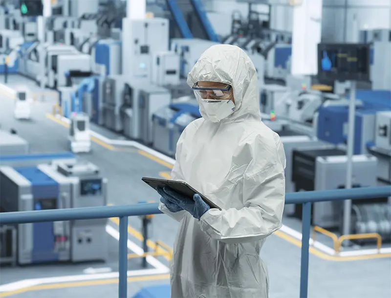 A tech worker dressed in protective gear in a production facility