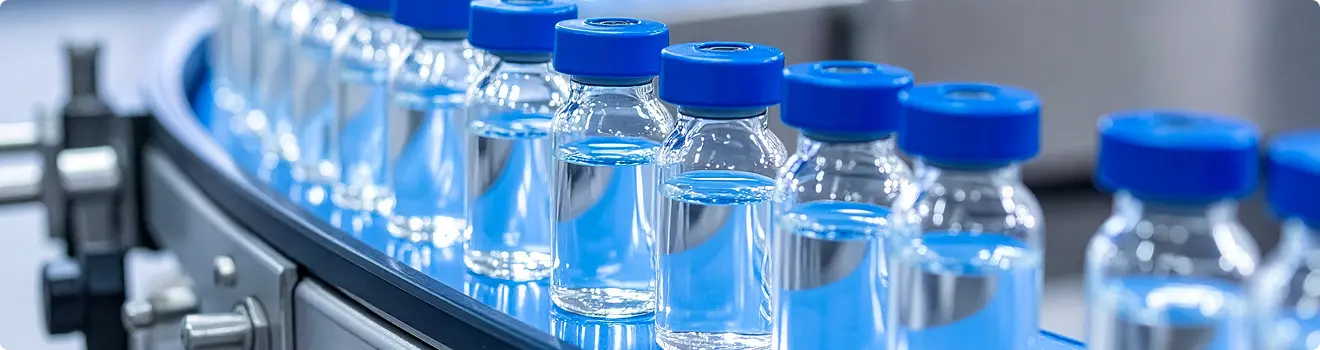 Vials of clear liquid on an assembly line