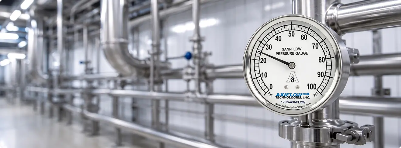 An Axi-flow pressure gage in action on a factory floor with pipes and fittings in the background